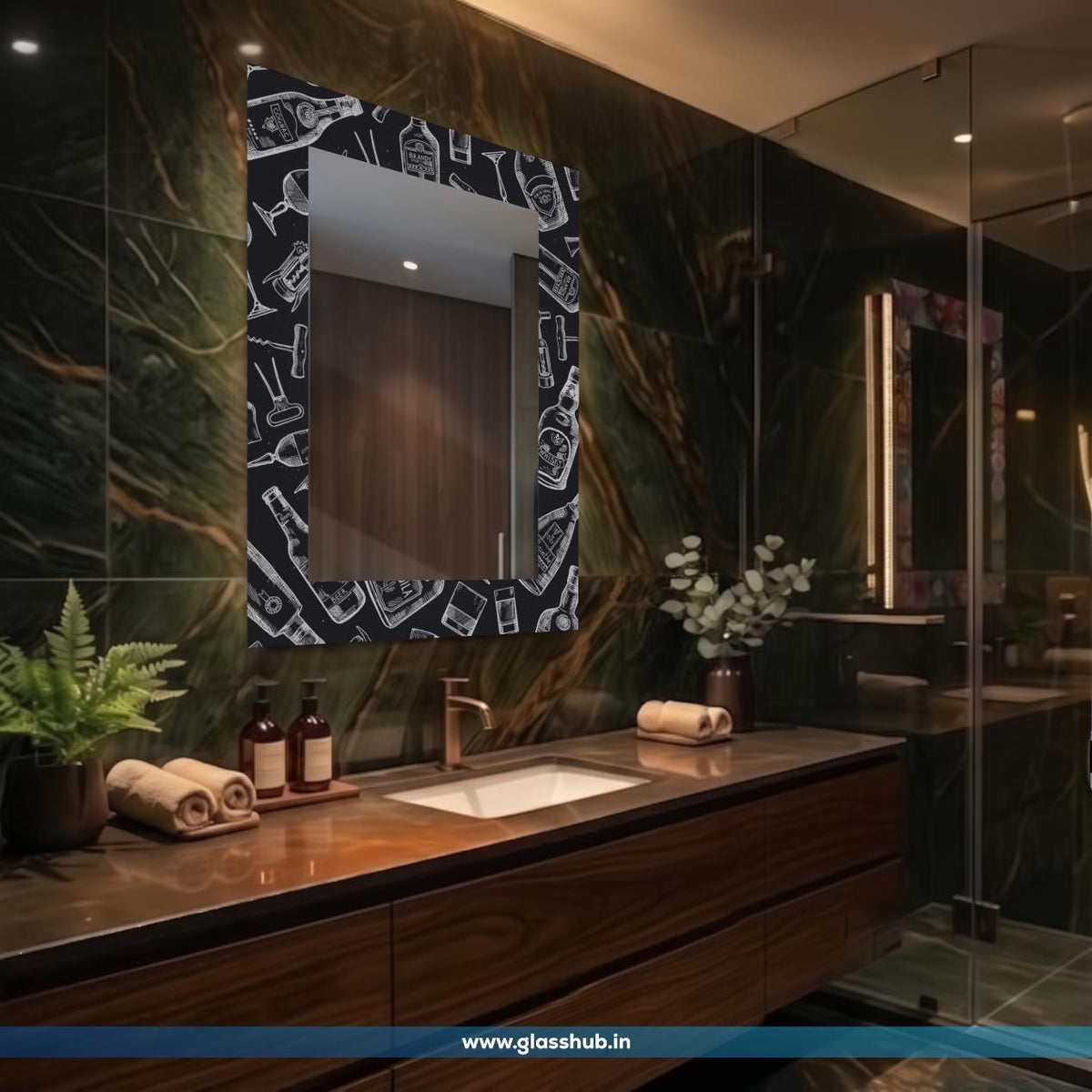 Modern Black and White Beverage Print Decorative Bathroom Vanity Mirror