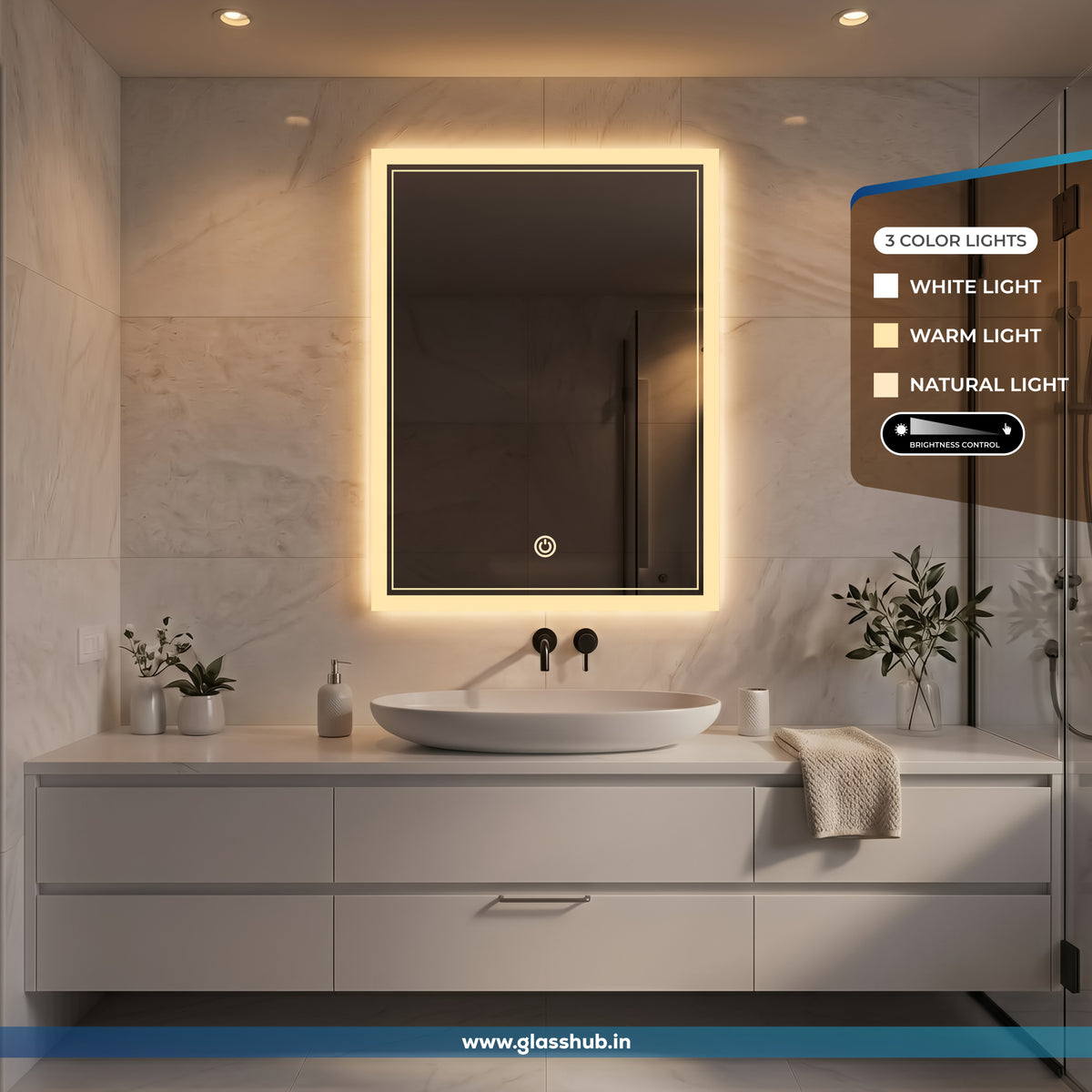 Modern LED Bathroom Vanity Mirror with Black Inner Border and 3 Colour Lights