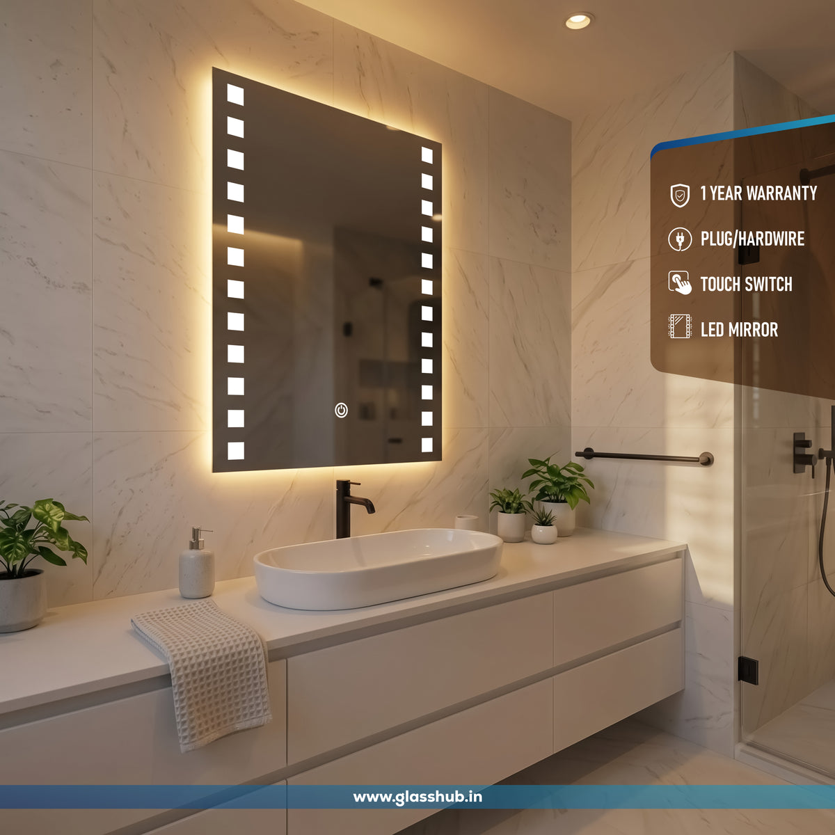 Modern LED Bathroom Vanity Mirror with Vertical Square Lights and 3 Colour Modes