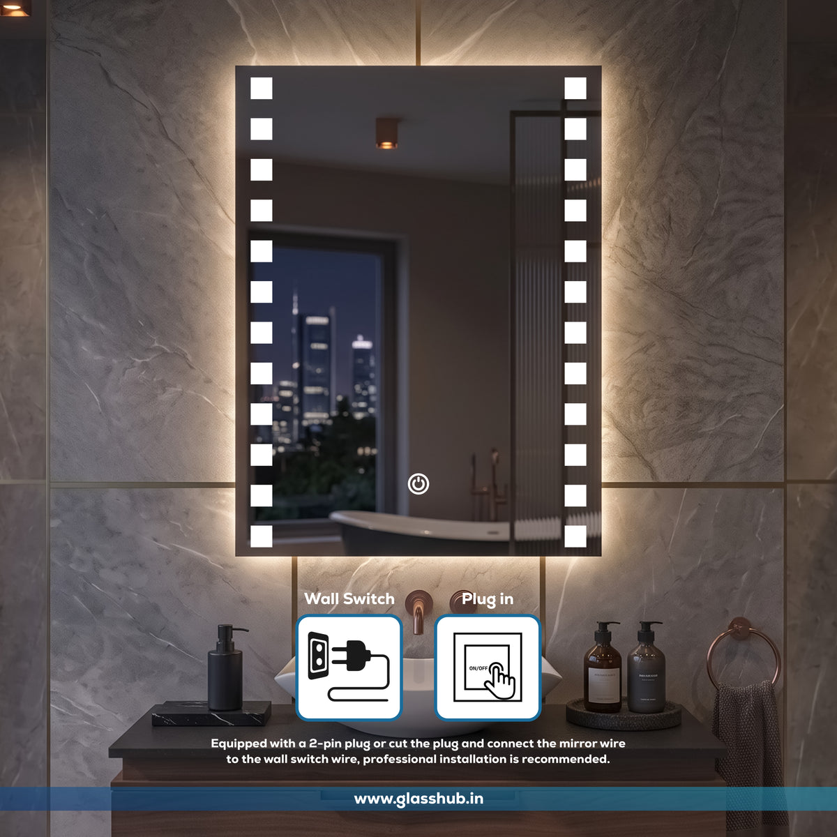Modern LED Bathroom Vanity Mirror with Vertical Square Lights and 3 Colour Modes