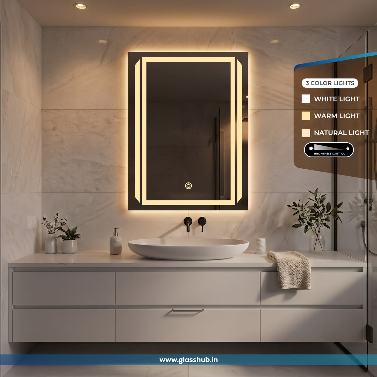 Modern Rectangular LED Bathroom Vanity Mirror with 3-Color Lighting and Touch Sensor