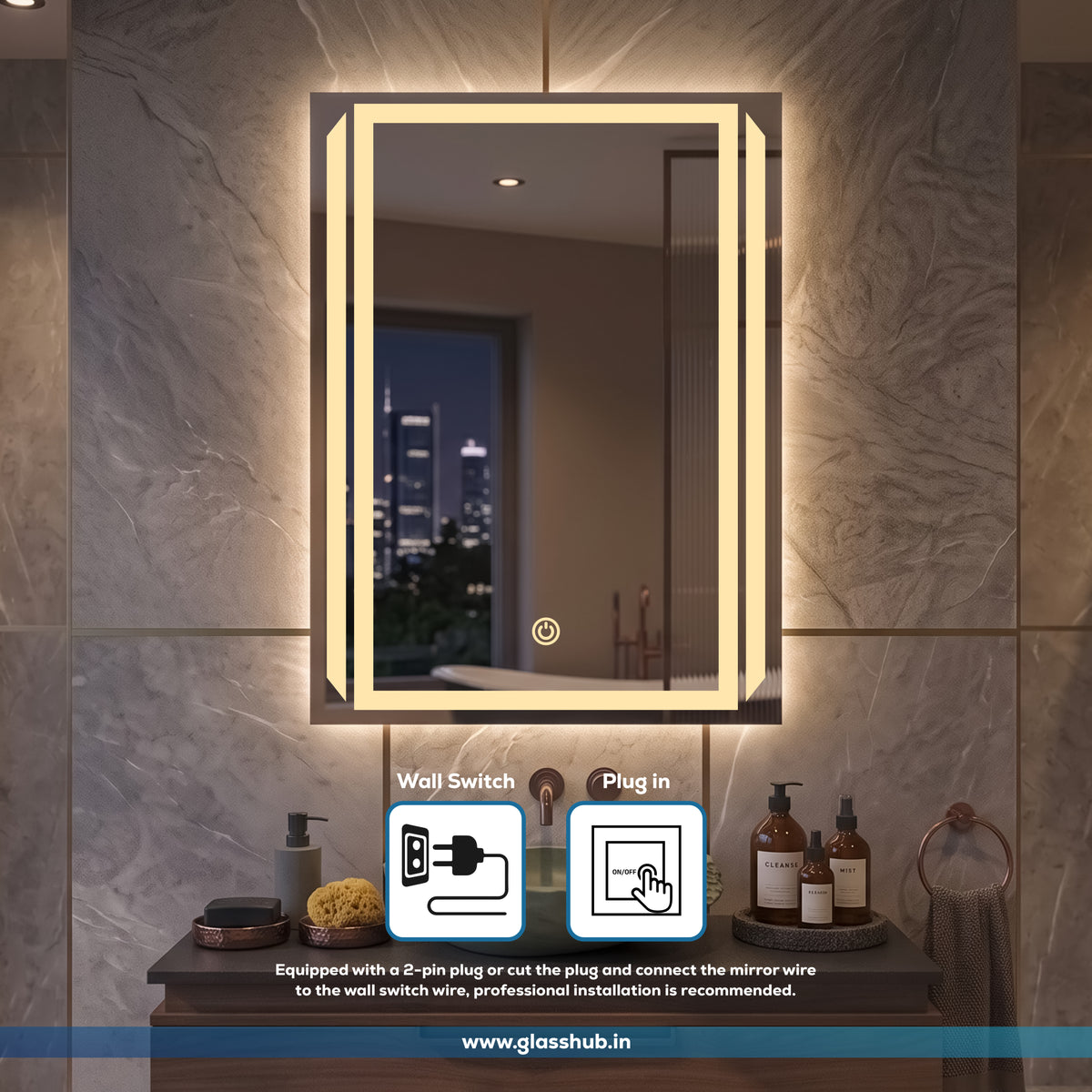 Modern Rectangular LED Bathroom Vanity Mirror with 3-Color Lighting and Touch Sensor