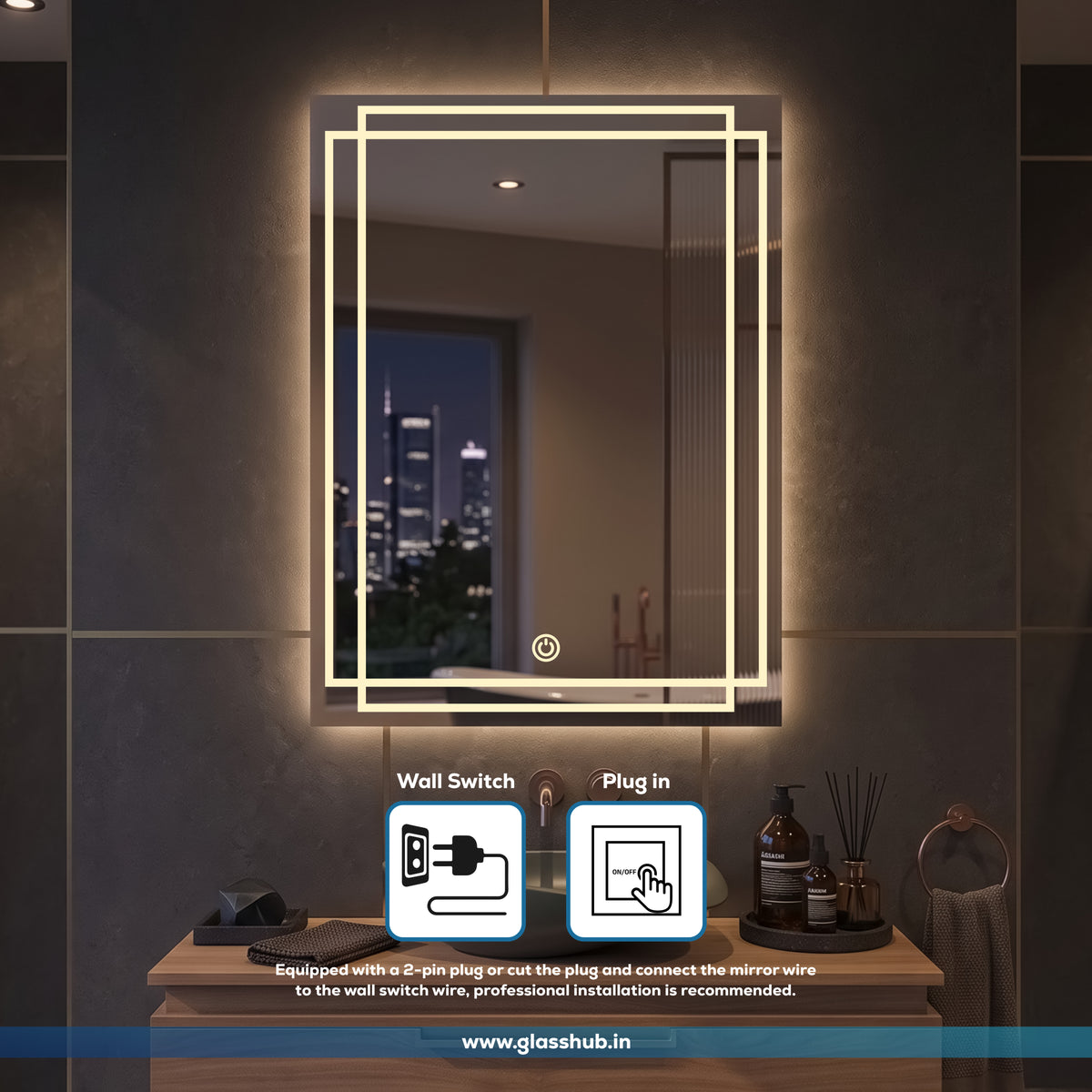 Modern Rectangular LED Bathroom Vanity Mirror with Double-Line Frame