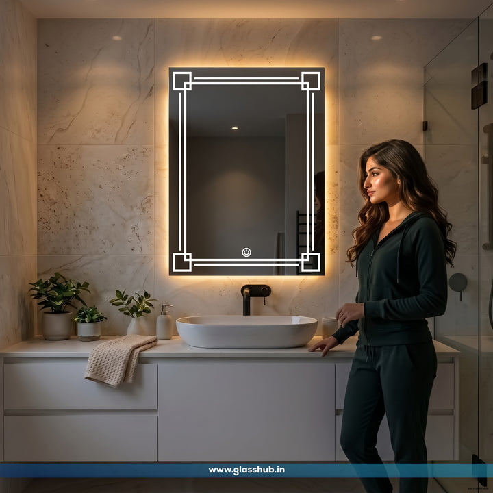 Modern LED Vanity Mirror with Geometric Border