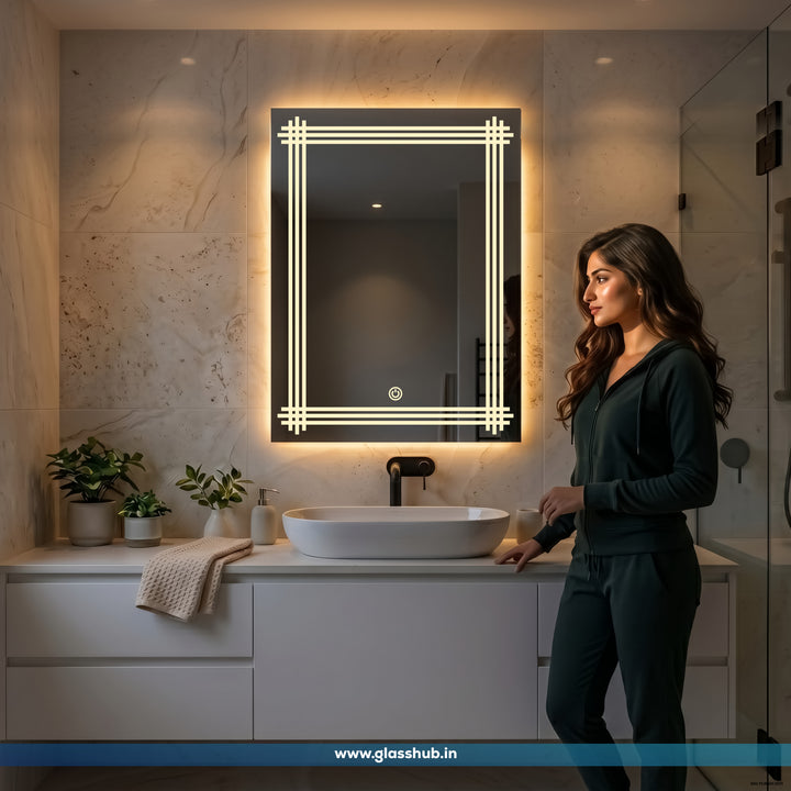 Modern Rectangular LED Bathroom Vanity Mirror with Decorative Linear Border and 3-Color Lighting