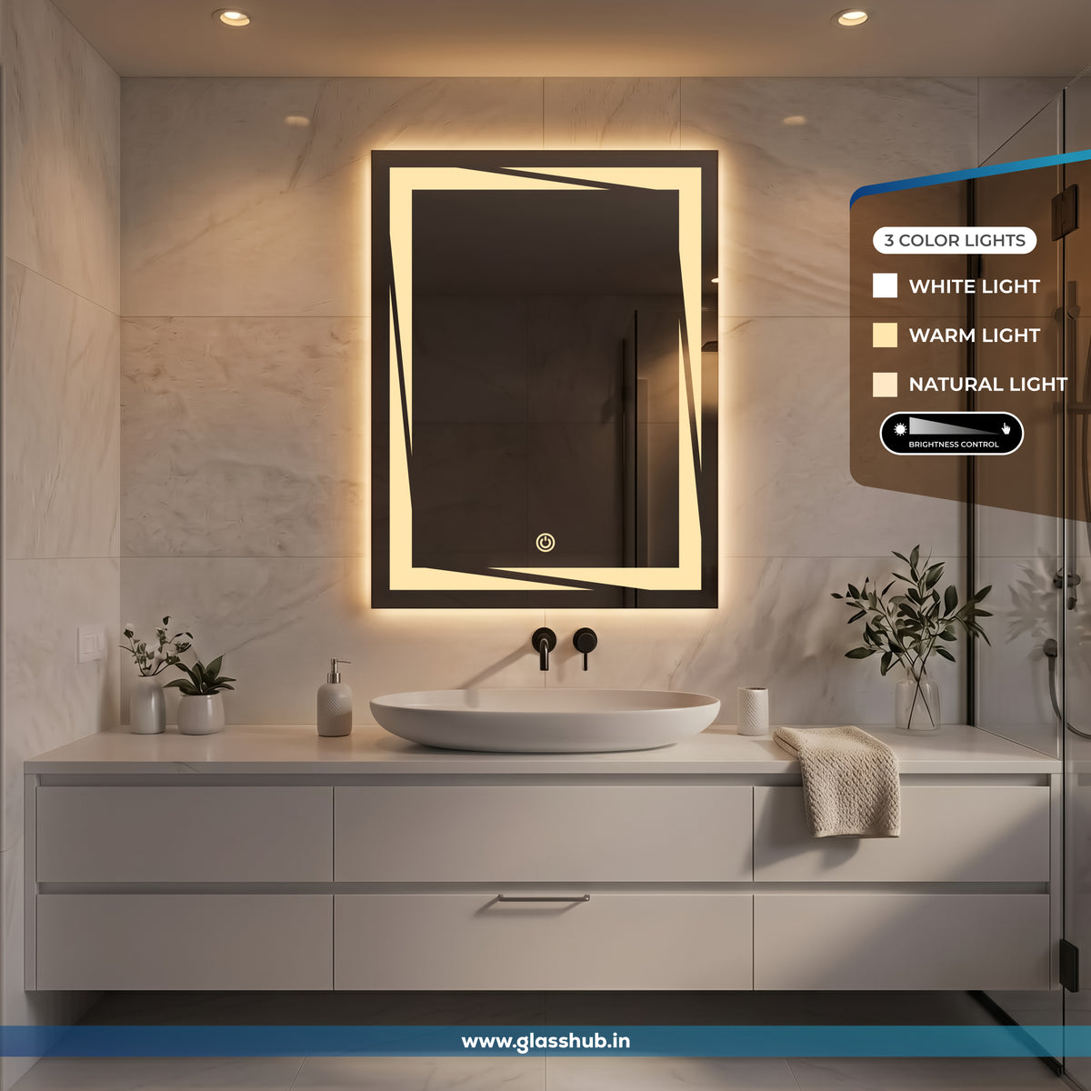 Modern Geometric LED Bathroom Vanity Mirror with 3 Colour Lights and Brightness Control