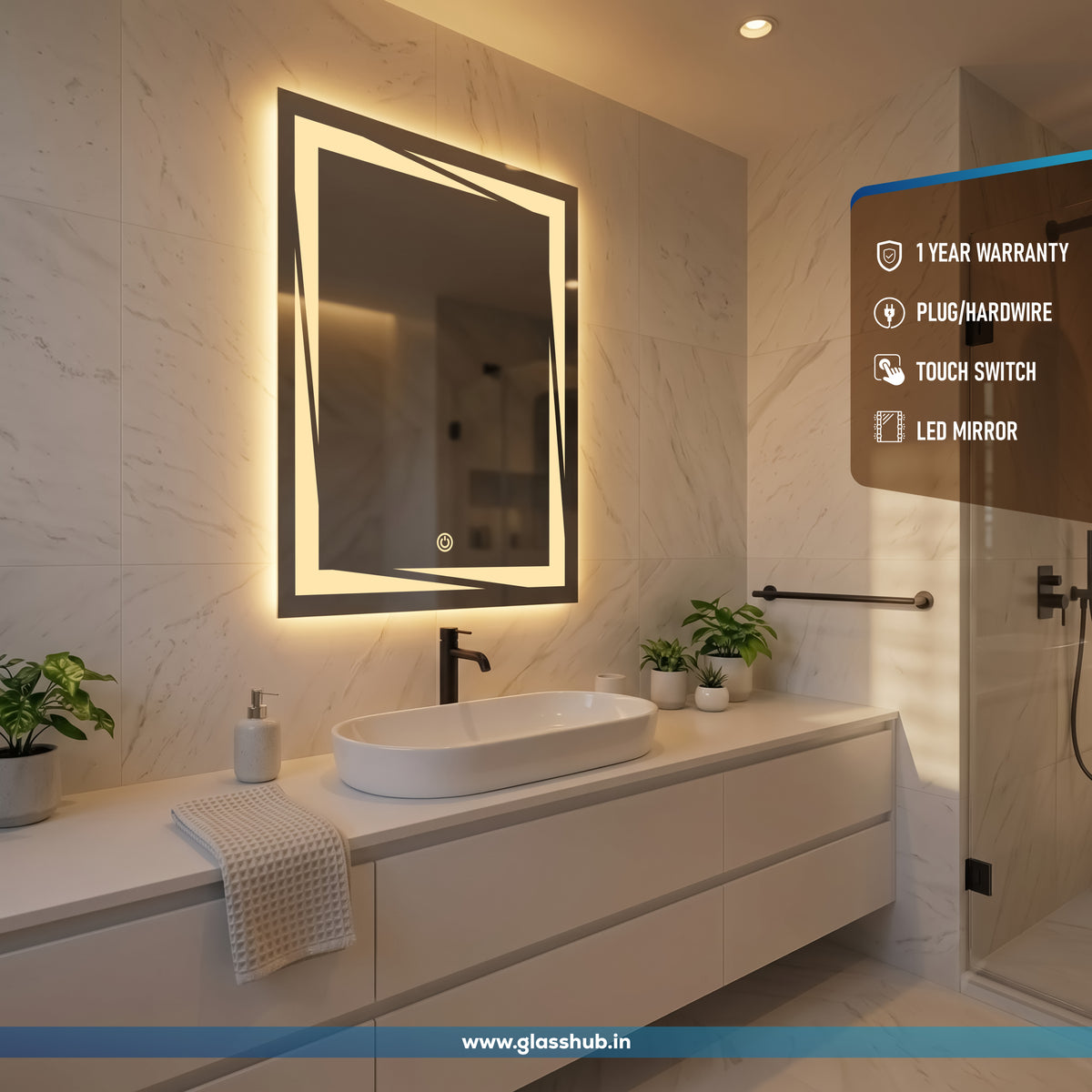 Modern Geometric LED Bathroom Vanity Mirror with 3 Colour Lights and Brightness Control