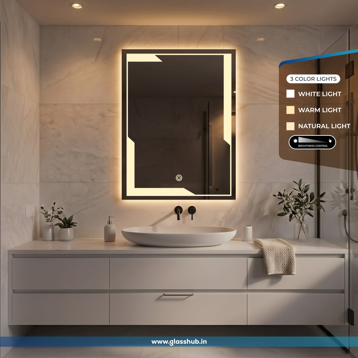 Modern Geometric LED Bathroom Vanity Mirror with 3 Colour Lights and Touch Control