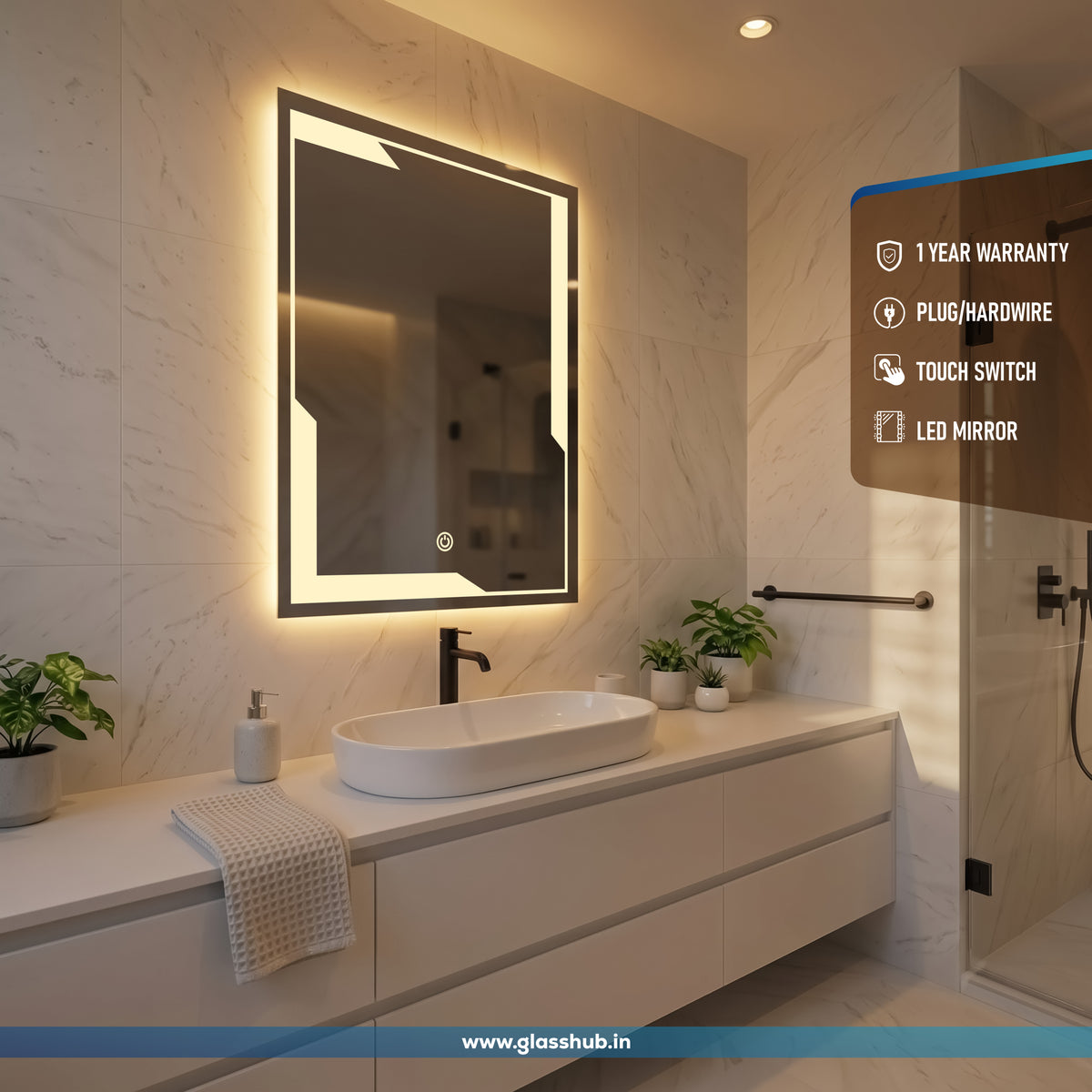 Modern Geometric LED Bathroom Vanity Mirror with 3 Colour Lights and Touch Control