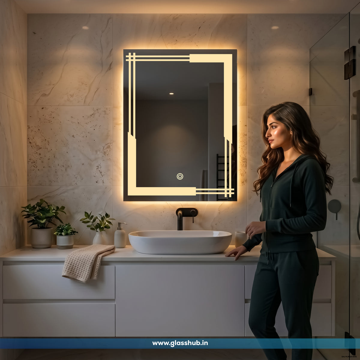 Modern Geometric LED Bathroom Vanity Mirror with 3 Colour Lights and Decorative Corner Design