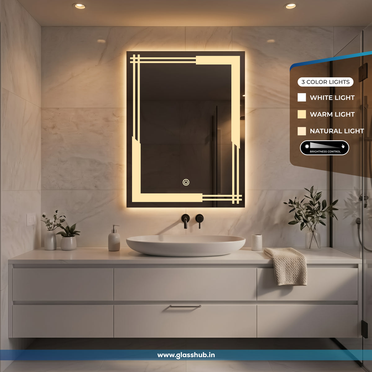Modern Geometric LED Bathroom Vanity Mirror with 3 Colour Lights and Decorative Corner Design