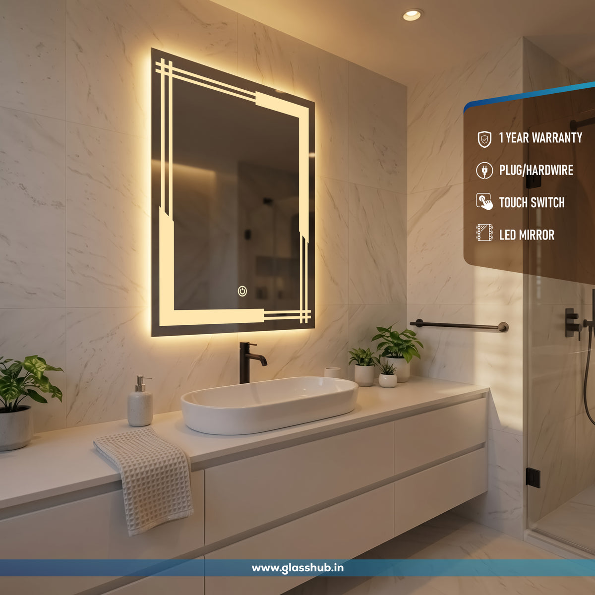 Modern Geometric LED Bathroom Vanity Mirror with 3 Colour Lights and Decorative Corner Design
