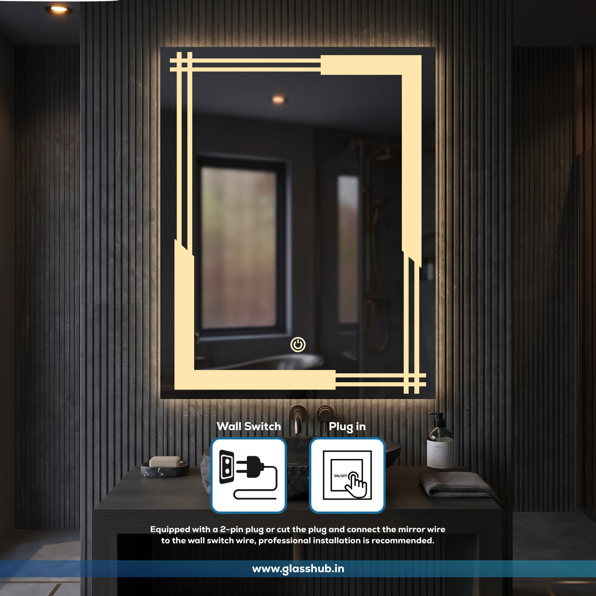 Modern Geometric LED Bathroom Vanity Mirror with 3 Colour Lights and Decorative Corner Design