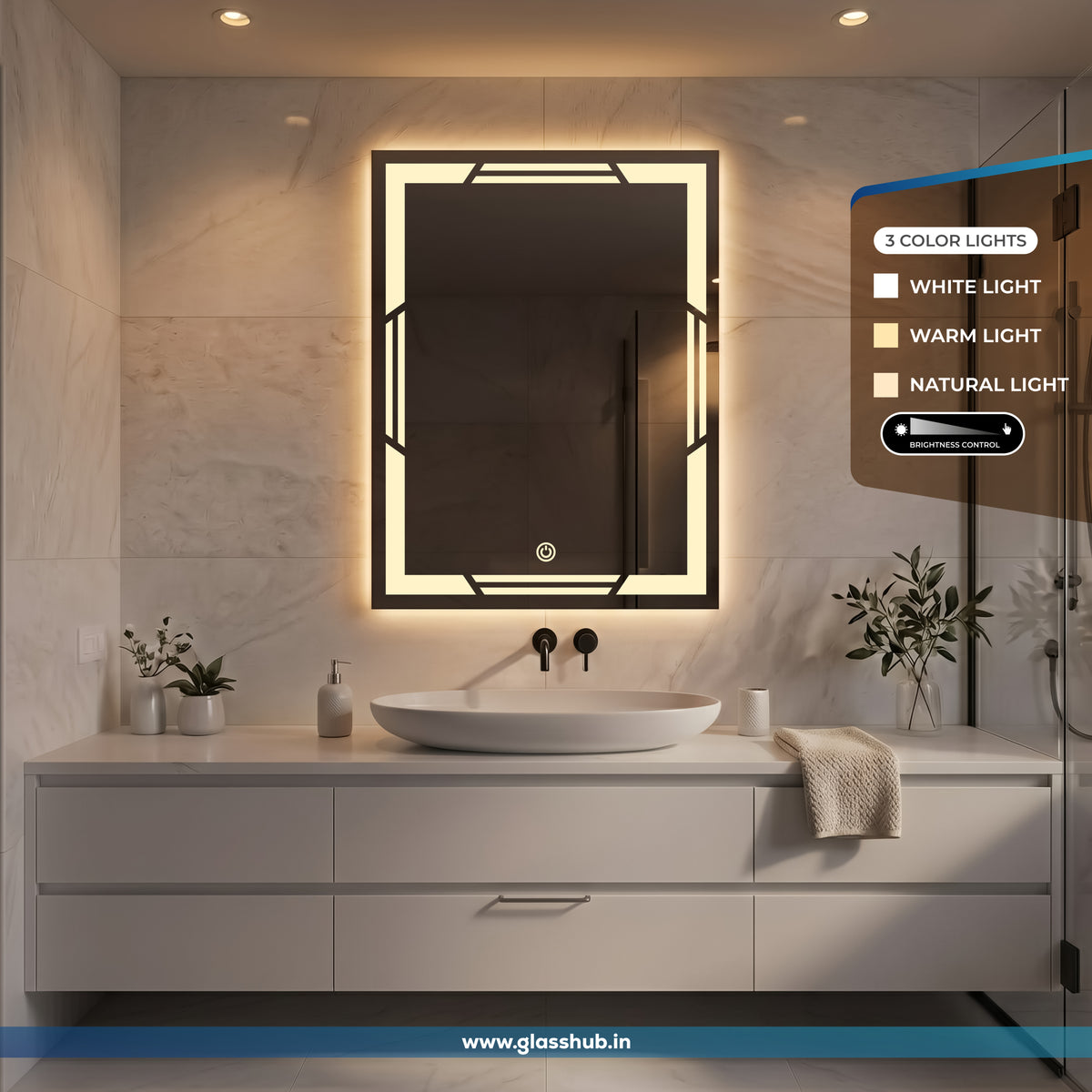 Modern Geometric LED Bathroom Vanity Mirror with 3 Colour Lights and Decorative Linear Design