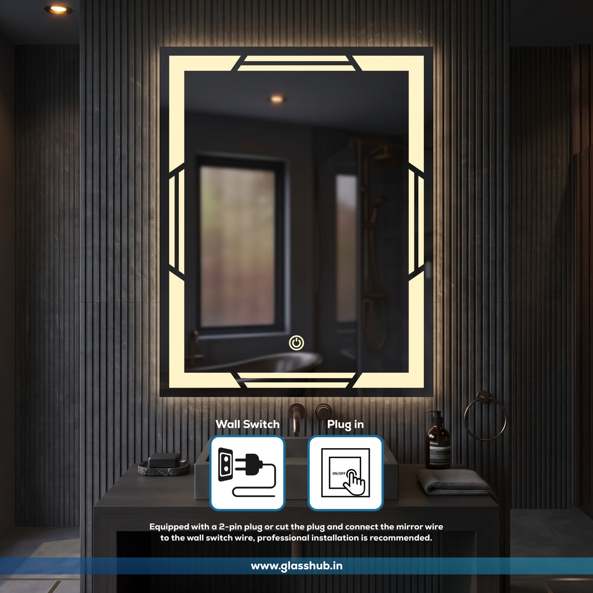 Modern Geometric LED Bathroom Vanity Mirror with 3 Colour Lights and Decorative Linear Design