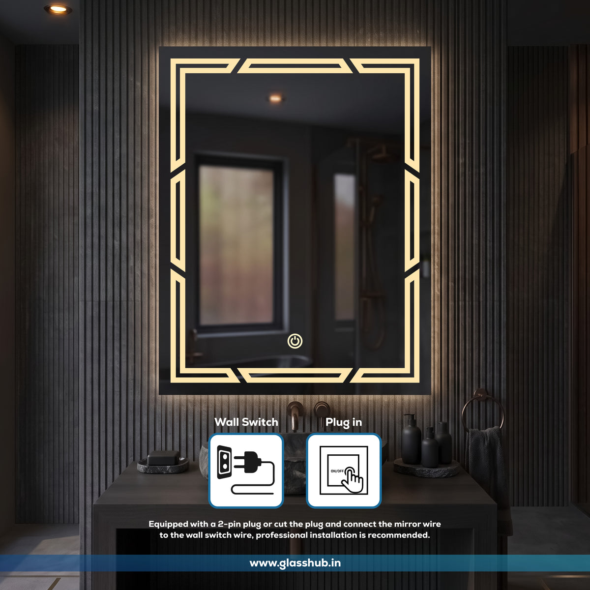 Modern Geometric LED Bathroom Vanity Mirror with 3 Colour Lights and Double-Line Border Design