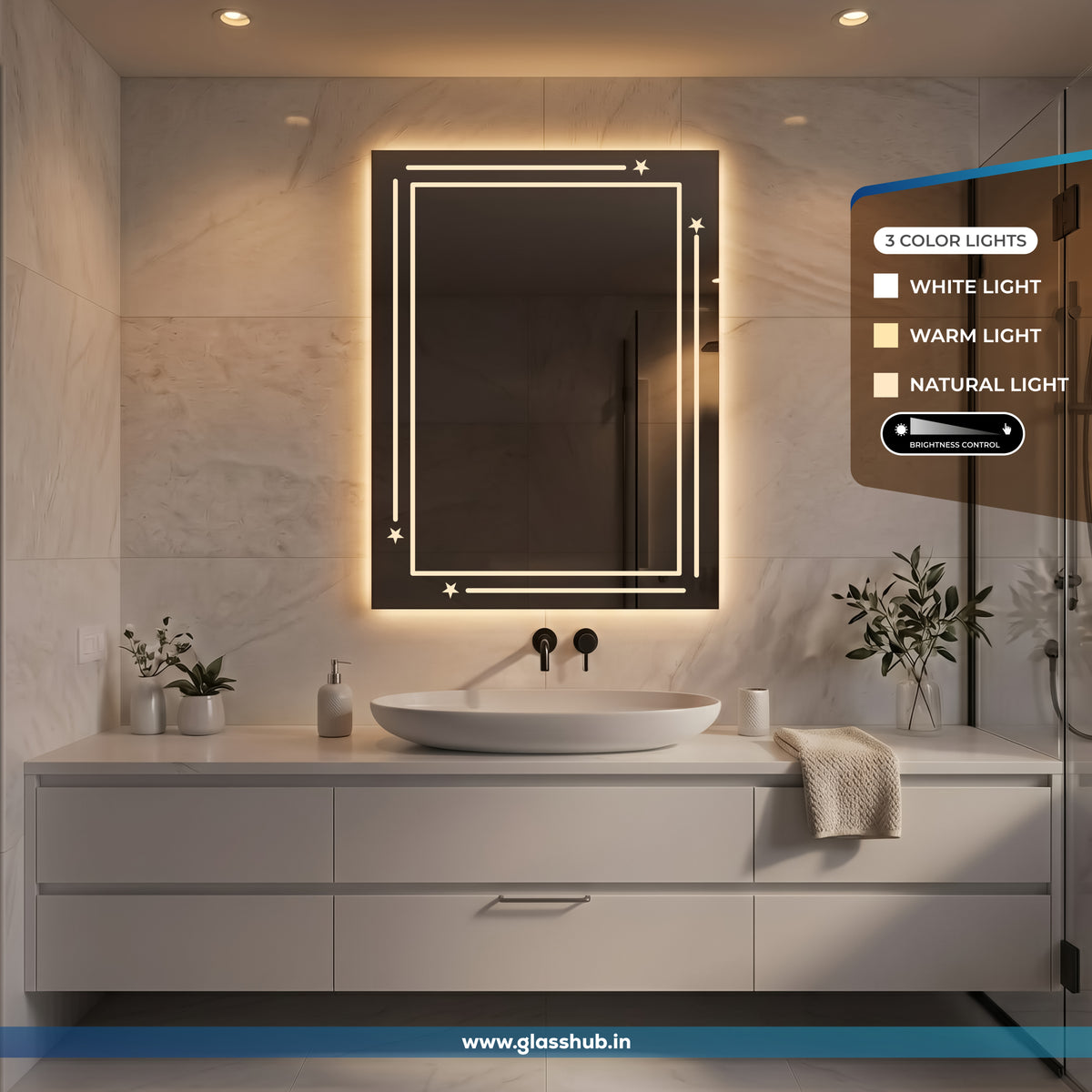 LED Backlit Line & Star Border Vanity Mirror, 3 Colour Lights | GlassHub