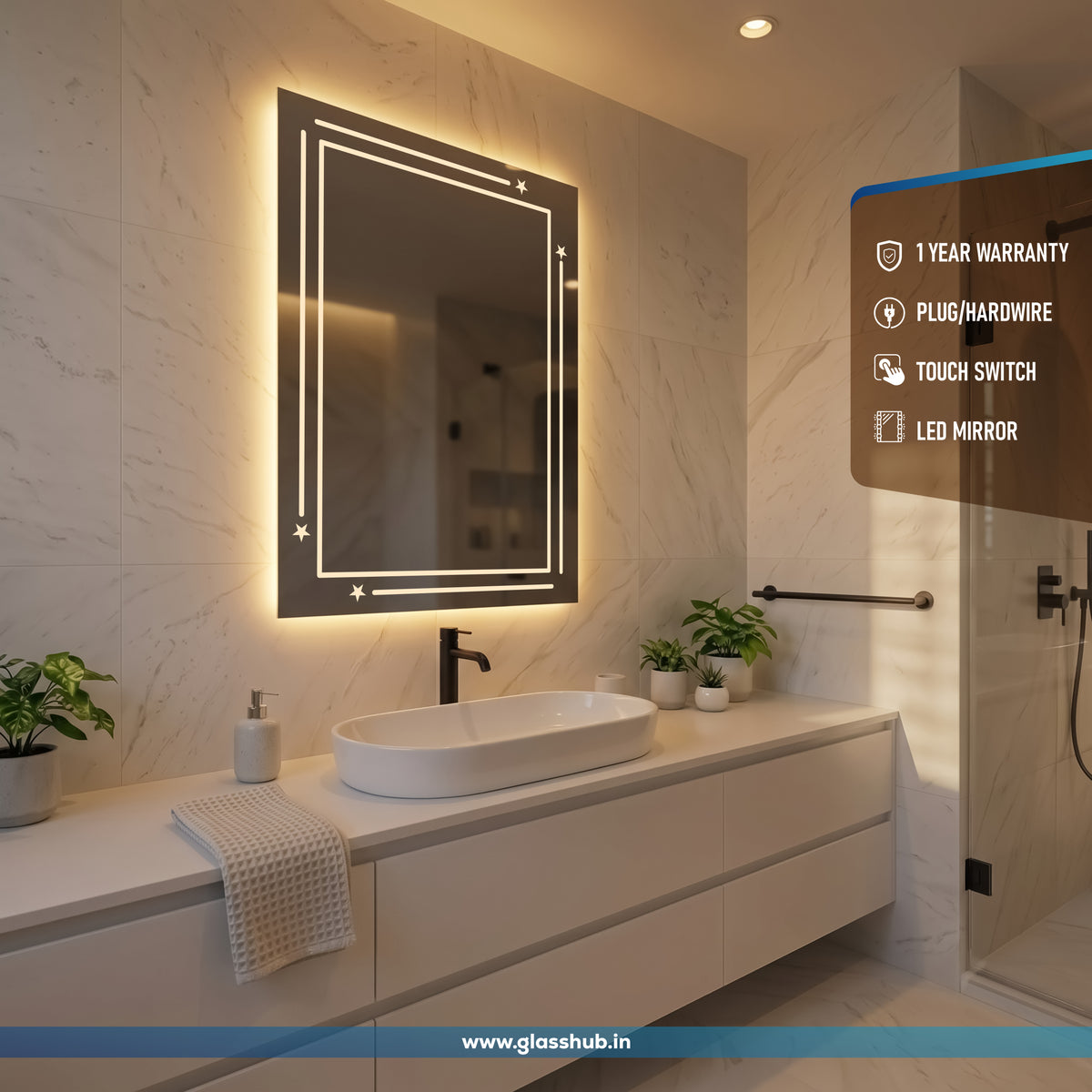 LED Backlit Line & Star Border Vanity Mirror, 3 Colour Lights | GlassHub