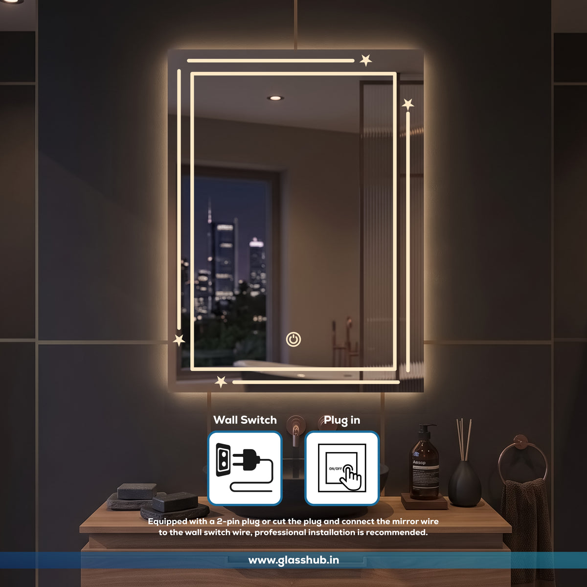 LED Backlit Line & Star Border Vanity Mirror, 3 Colour Lights | GlassHub