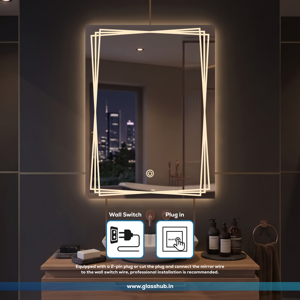 LED Backlit Geometric Border Vanity Mirror, 3 Colour Lights | GlassHub