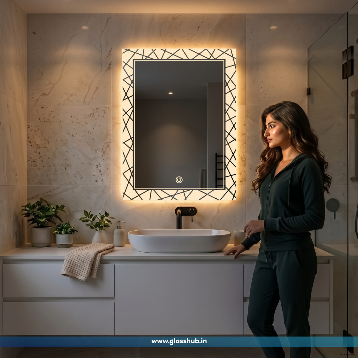 LED Backlit Geometric Pattern Vanity Mirror, 3 Colour Lights | GlassHub