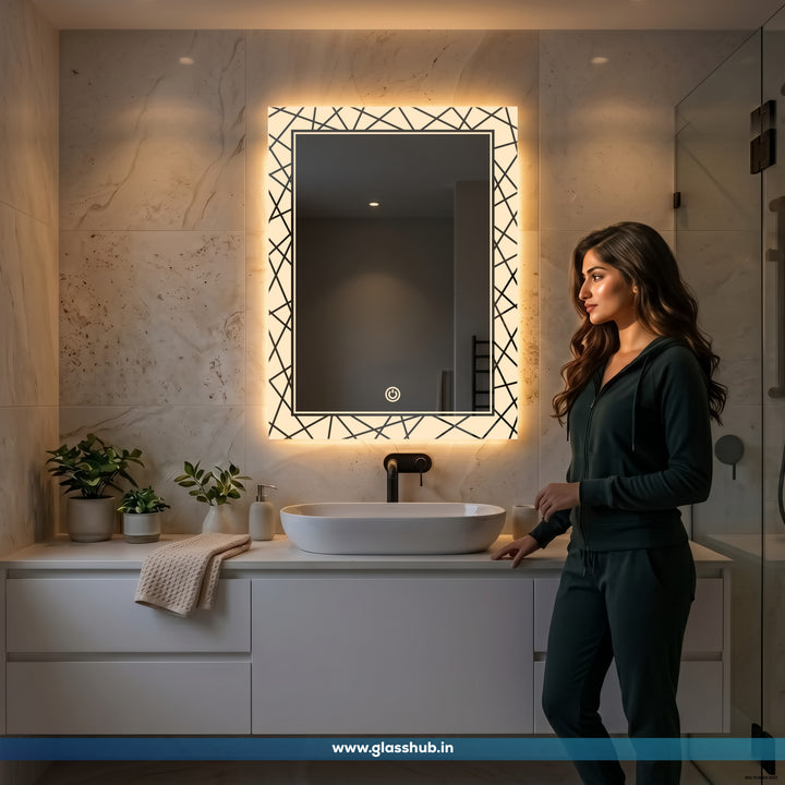 LED Backlit Geometric Pattern Vanity Mirror, 3 Colour Lights