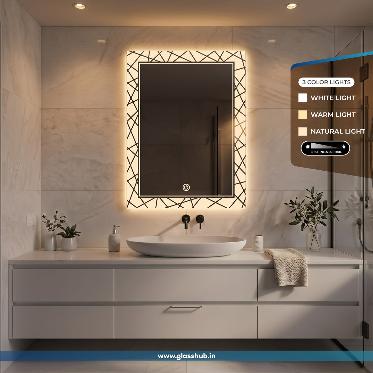 LED Backlit Geometric Pattern Vanity Mirror, 3 Colour Lights | GlassHub