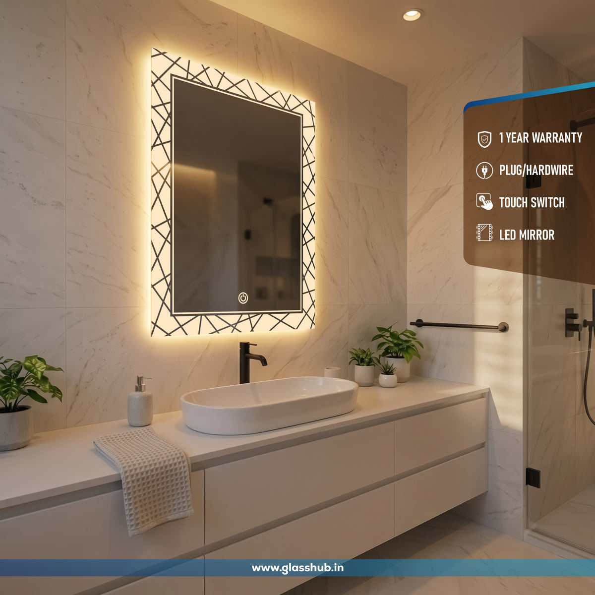 LED Backlit Geometric Pattern Vanity Mirror, 3 Colour Lights | GlassHub
