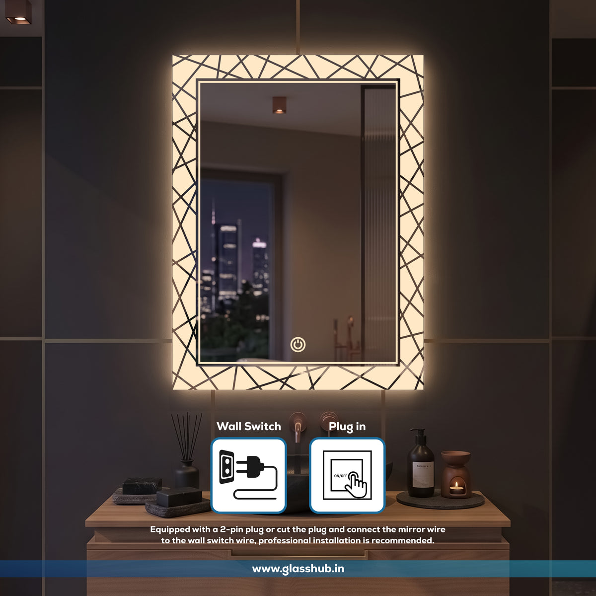 LED Backlit Geometric Pattern Vanity Mirror, 3 Colour Lights | GlassHub