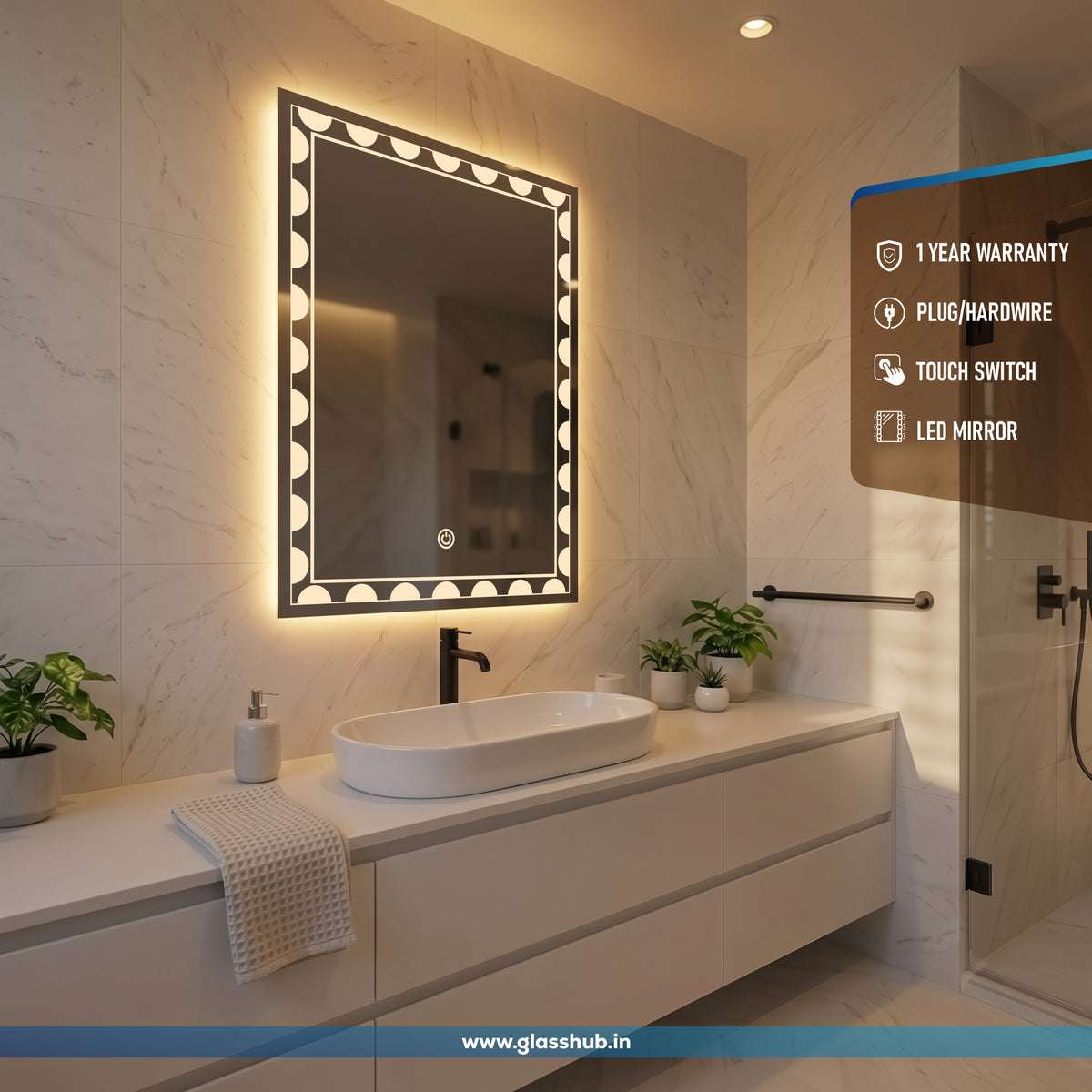 LED Backlit Scallop Border Vanity Mirror, 3 Colour Lights | GlassHub