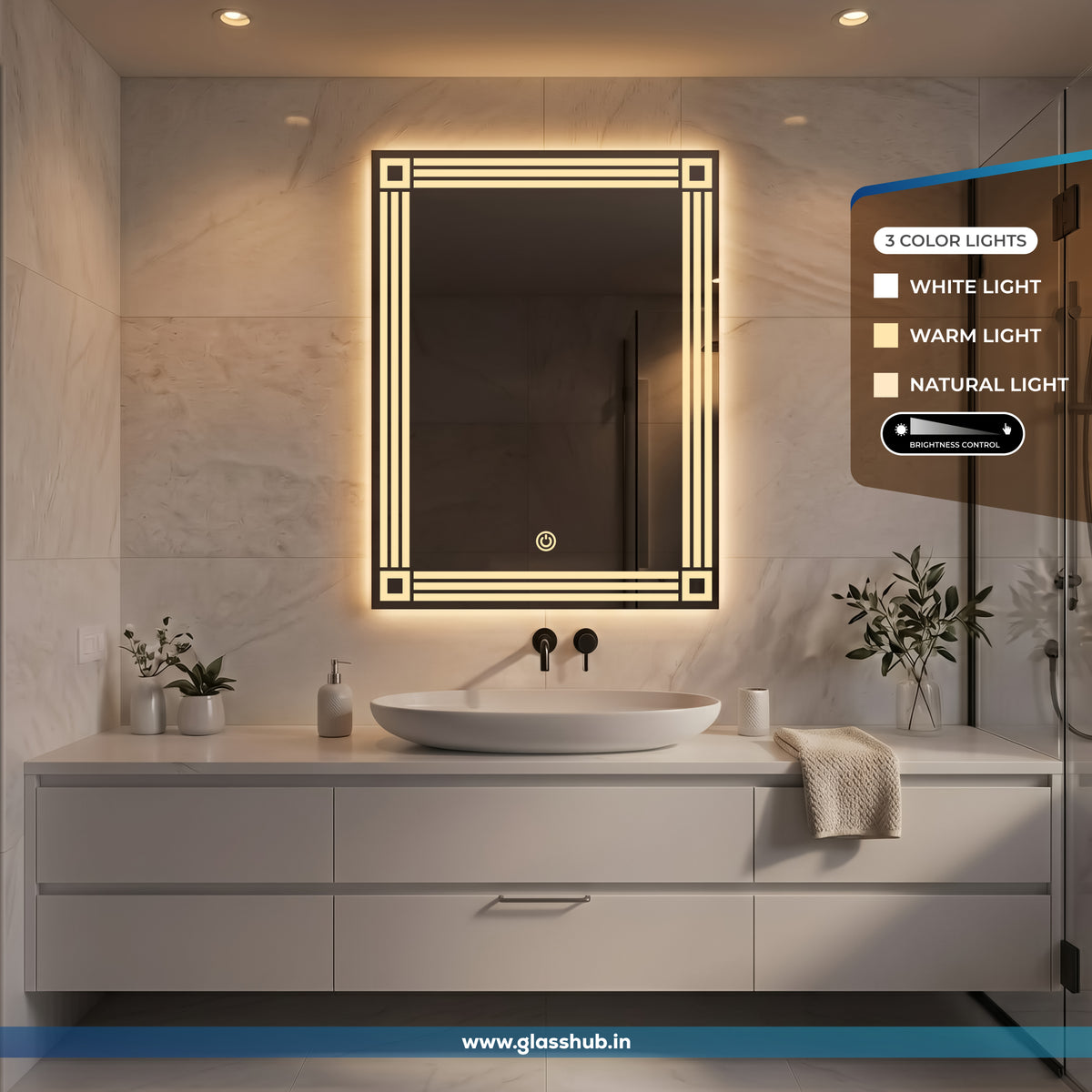 LED Backlit Triple-Line Border Vanity Mirror, 3 Colour Lights | GlassHub