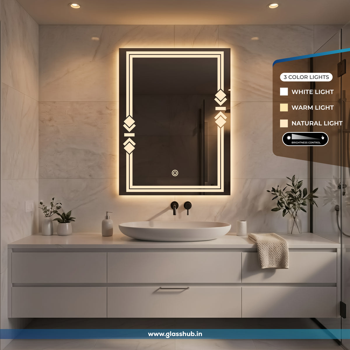 LED Backlit Triple-Line Border Vanity Mirror, 3 Colour Lights | GlassHub