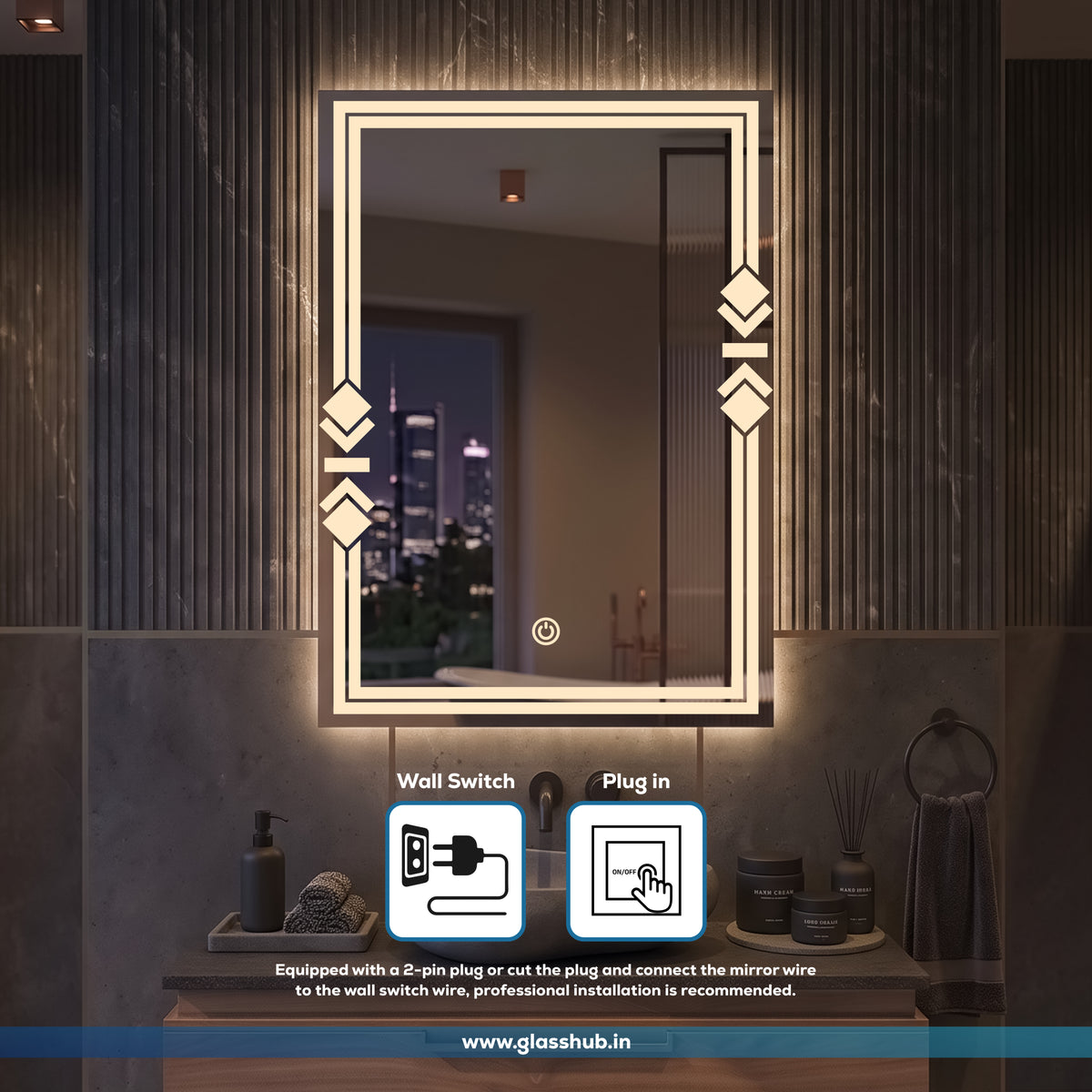 LED Backlit Triple-Line Border Vanity Mirror, 3 Colour Lights | GlassHub