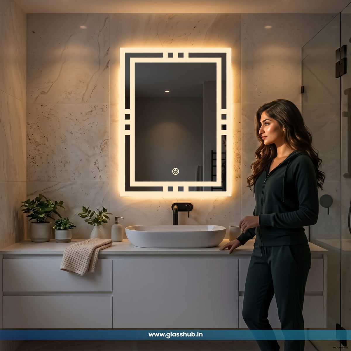 LED Backlit Geometric Frame Vanity Mirror, 3 Colour Lights | GlassHub