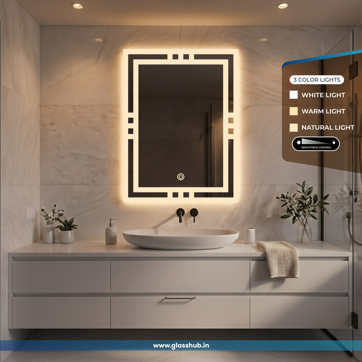 LED Backlit Geometric Frame Vanity Mirror, 3 Colour Lights | GlassHub