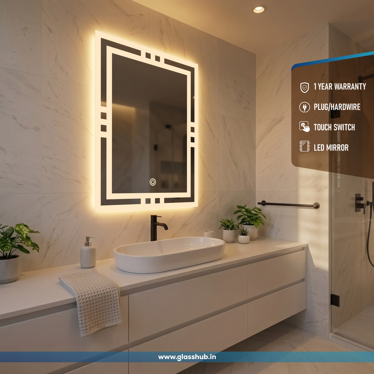 LED Backlit Geometric Frame Vanity Mirror, 3 Colour Lights | GlassHub
