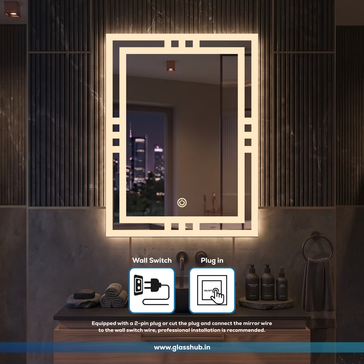LED Backlit Geometric Frame Vanity Mirror, 3 Colour Lights | GlassHub