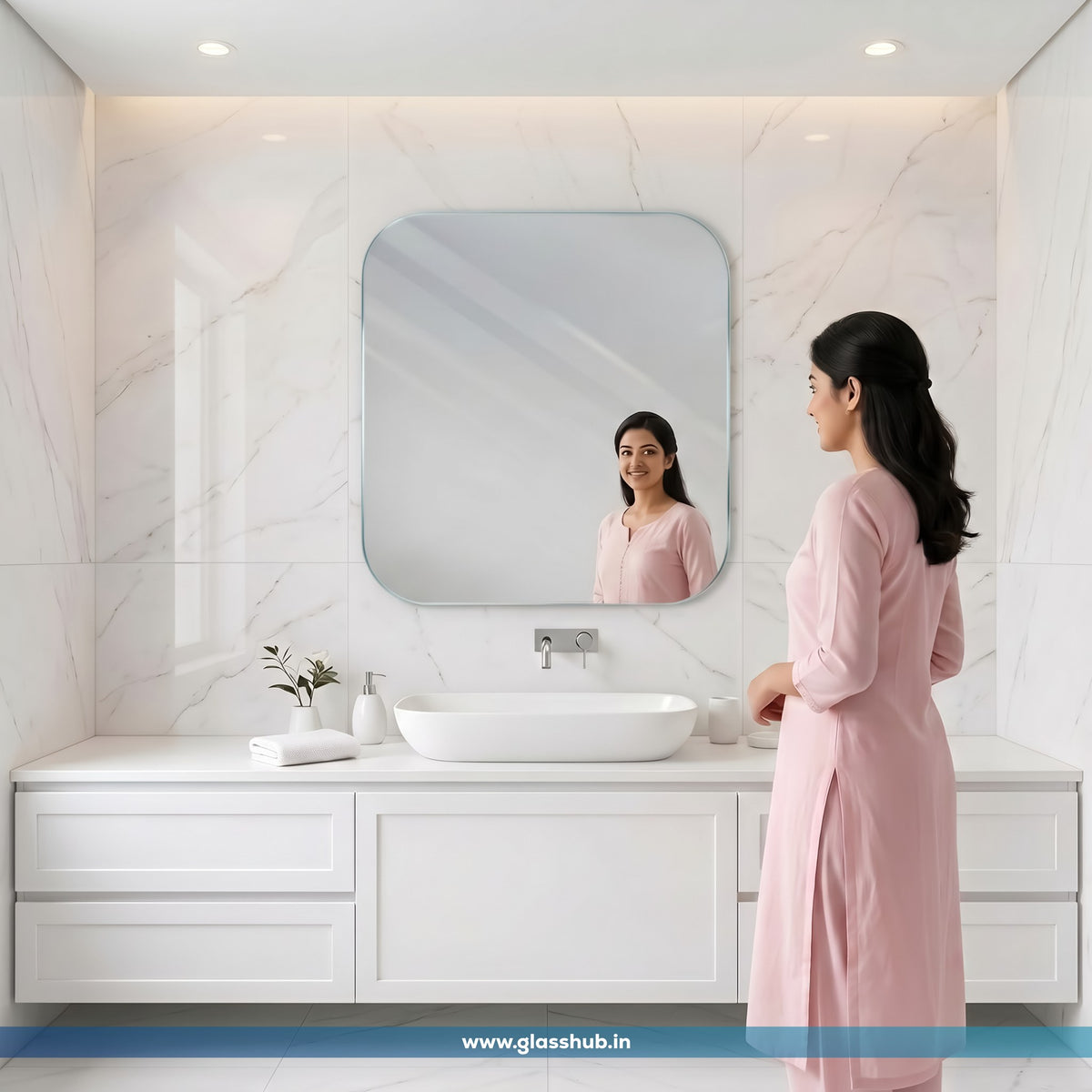 Frameless Rounded Square Bathroom Mirror 24x24 Inch – 5mm Silvoxy Glass