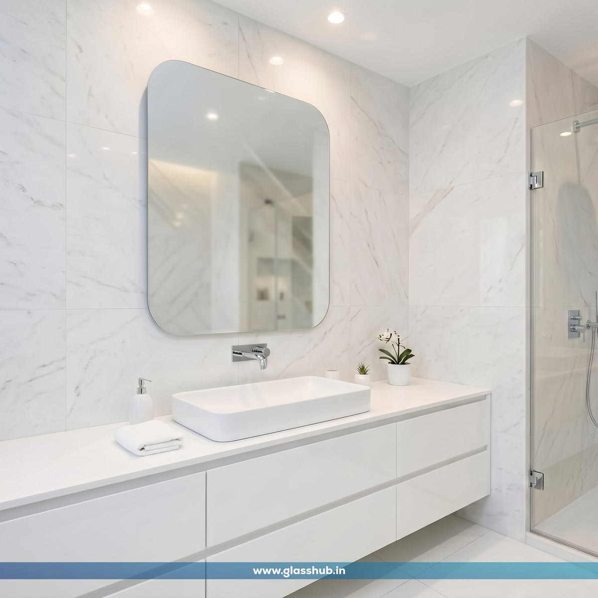 Frameless Rounded Square Bathroom Mirror 24x24 Inch – 5mm Silvoxy Glass