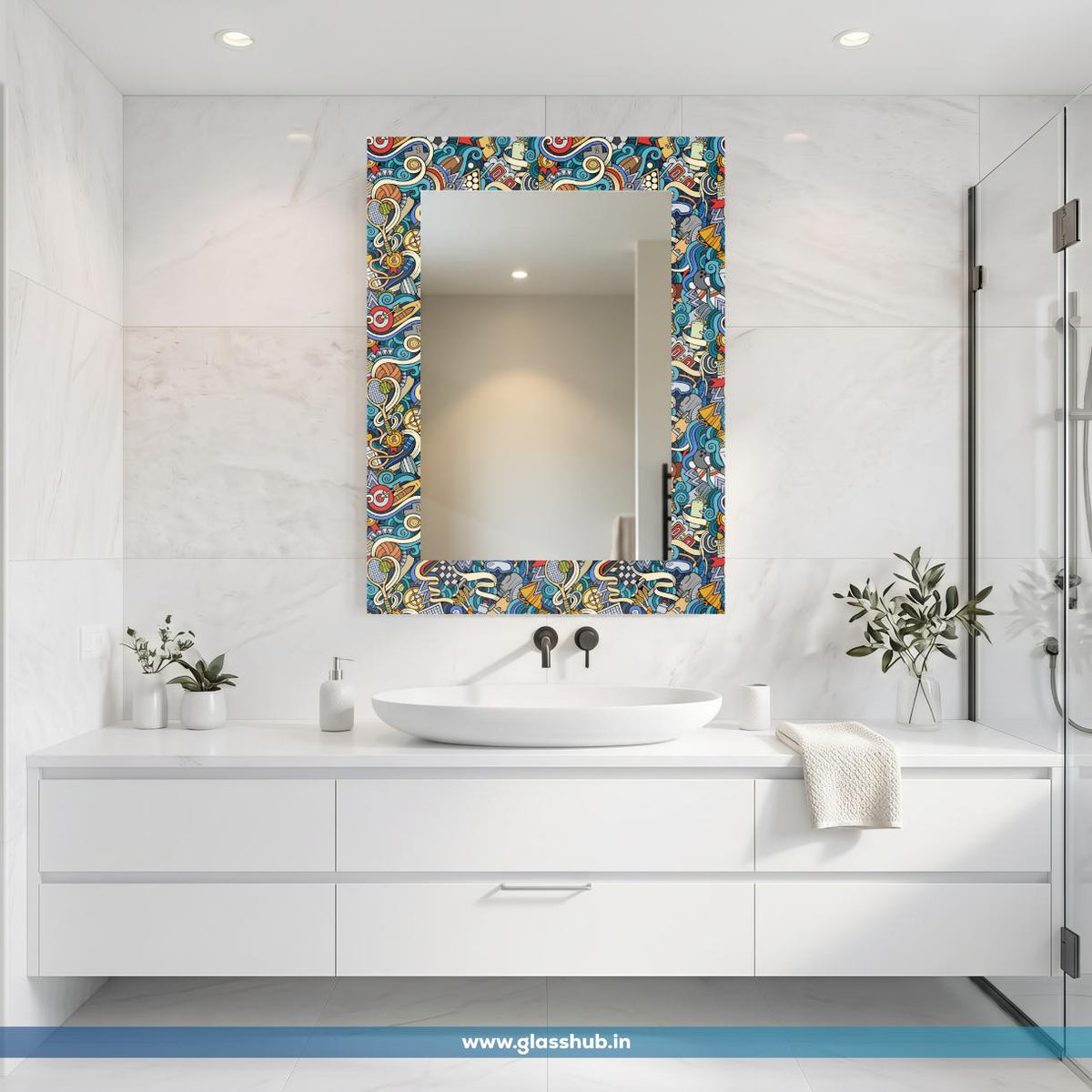 Multicolour Artistic Bathroom Vanity Mirror – Decorative Printed Frame Wall Mirror